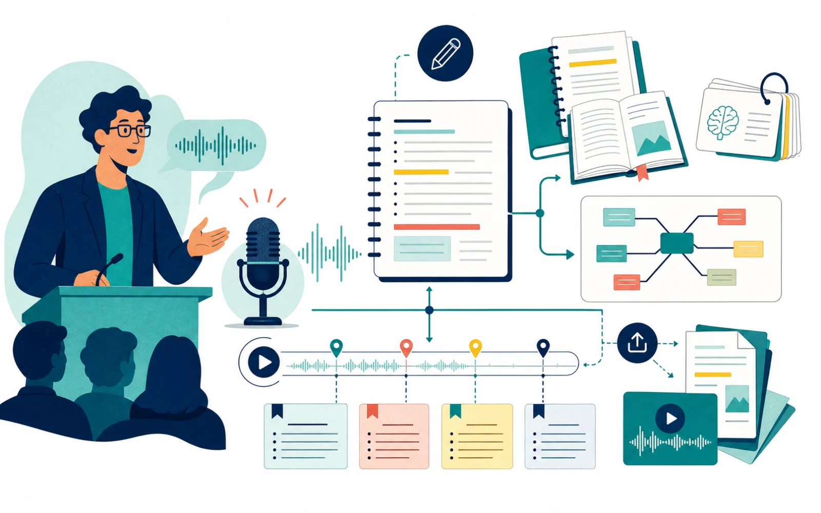 Illustration of a lecture becoming study materials