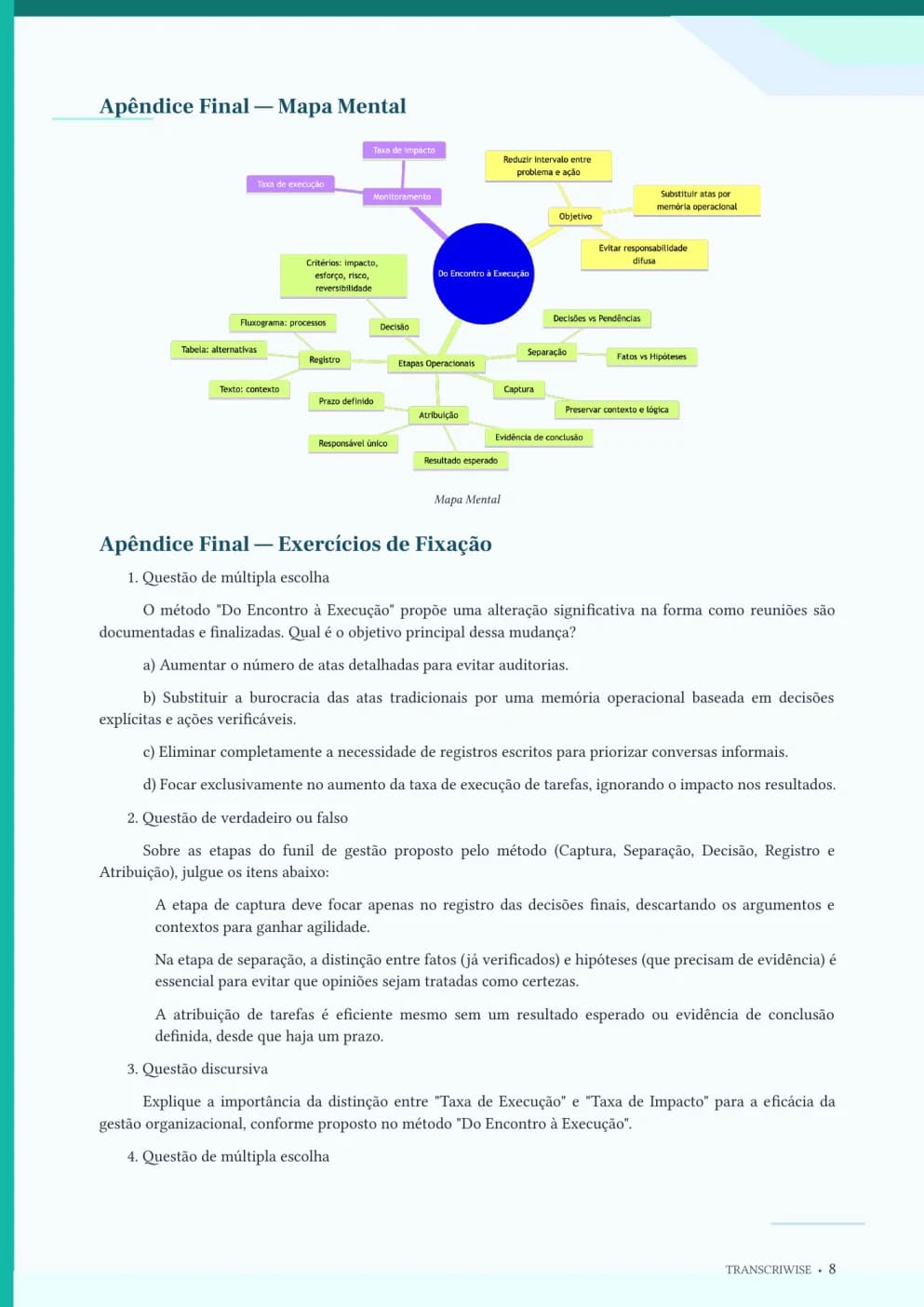 Study guide page generated from the demo workshop, with a mind map and practice questions.