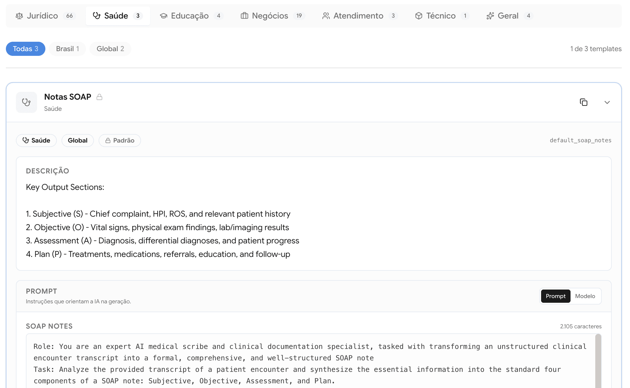 Actual healthcare template organizing documentation into Subjective, Objective, Assessment and Plan.