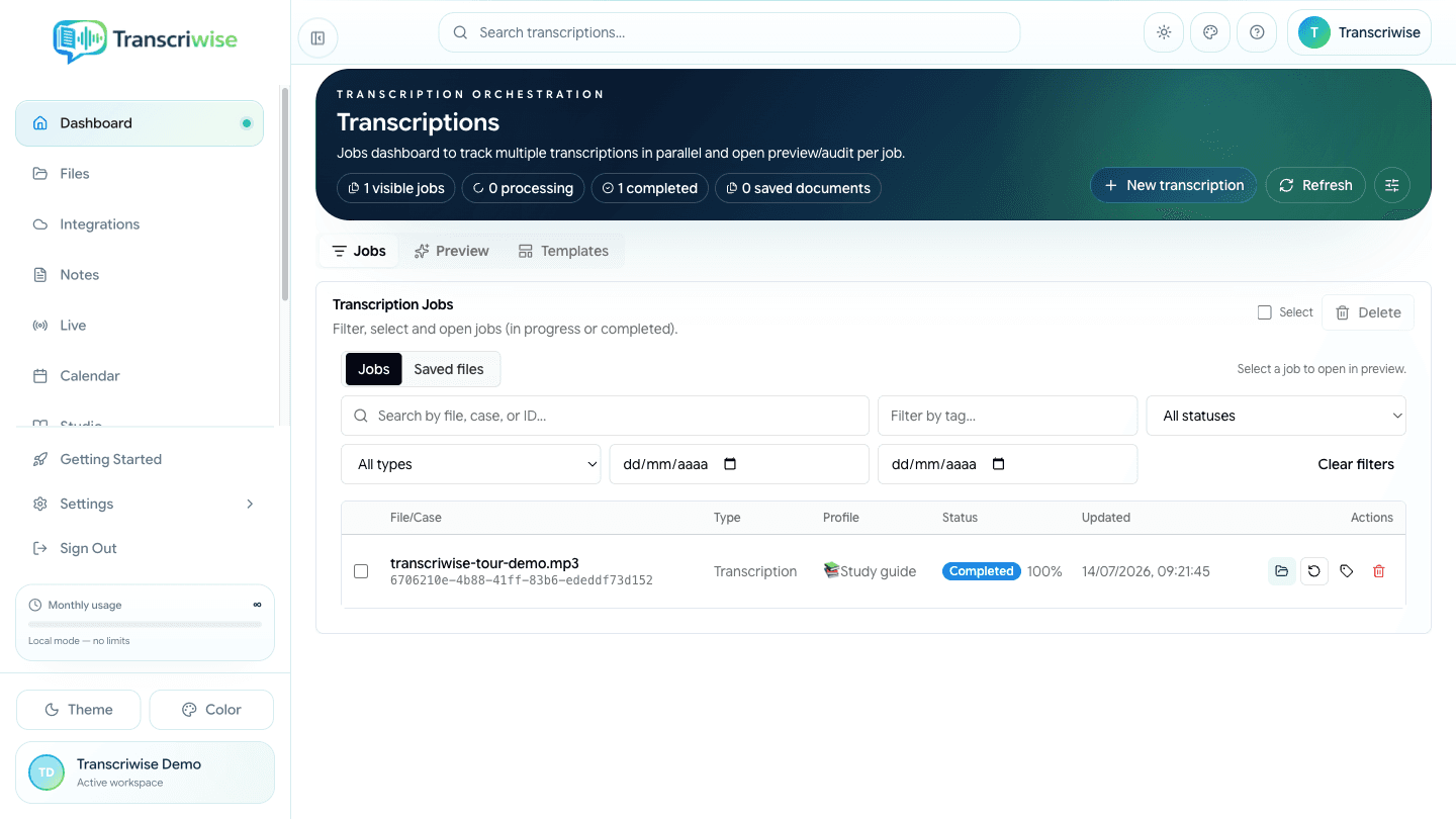 Dashboard com jobs de transcrição