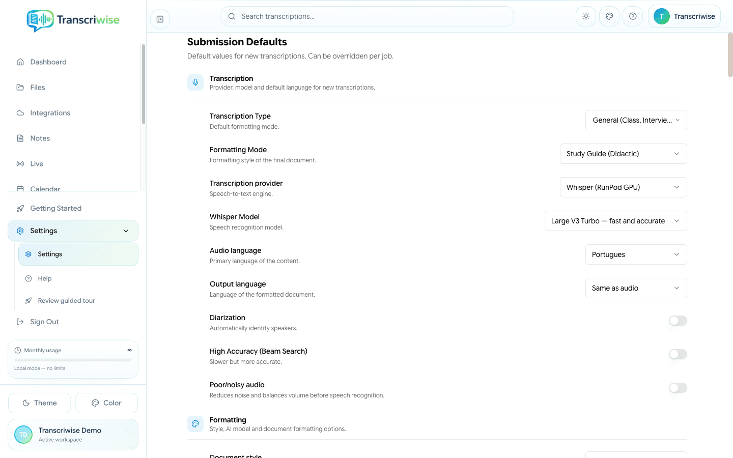 Defaults de transcrição