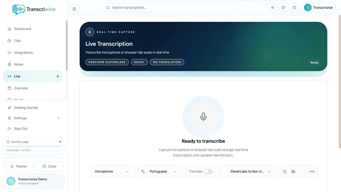 Página de transcrição ao vivo