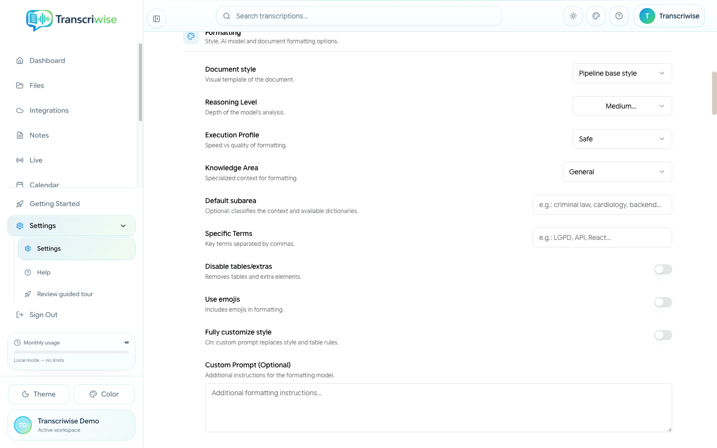 Opções de formatação nas configurações