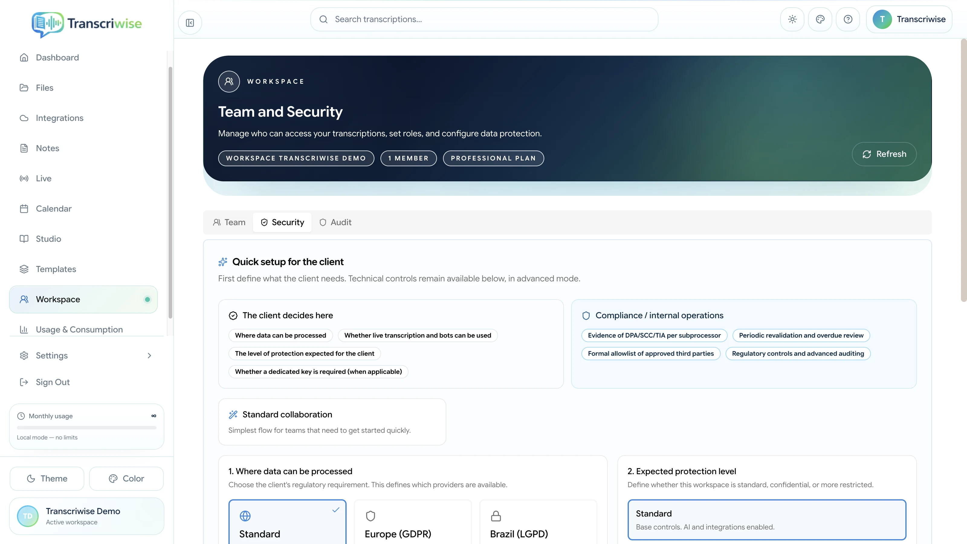 Real workspace security settings